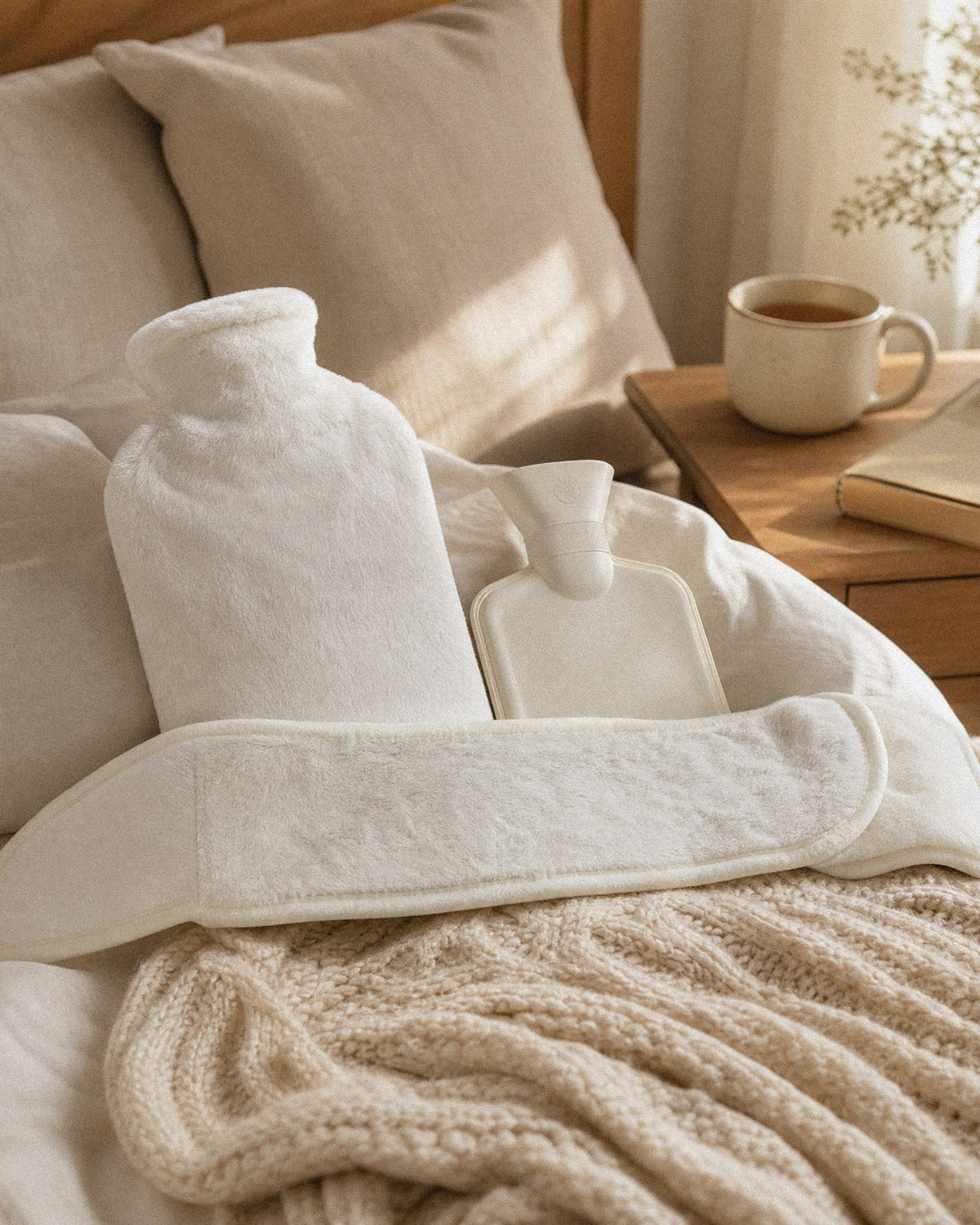 Bolsa de agua caliente con funda de peluche en la cama